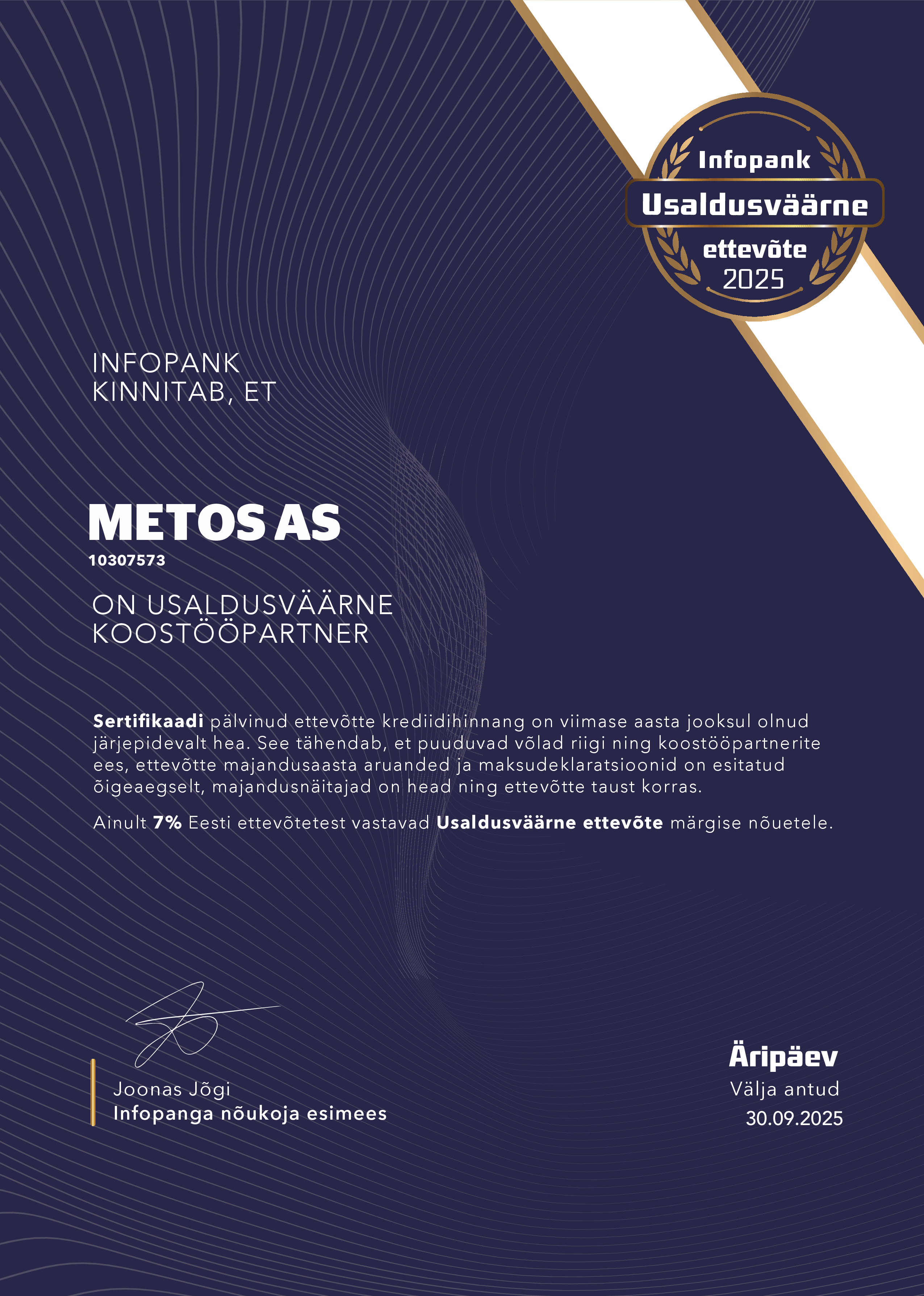 Metos AS on usaldusväärne koostööpartner 2025